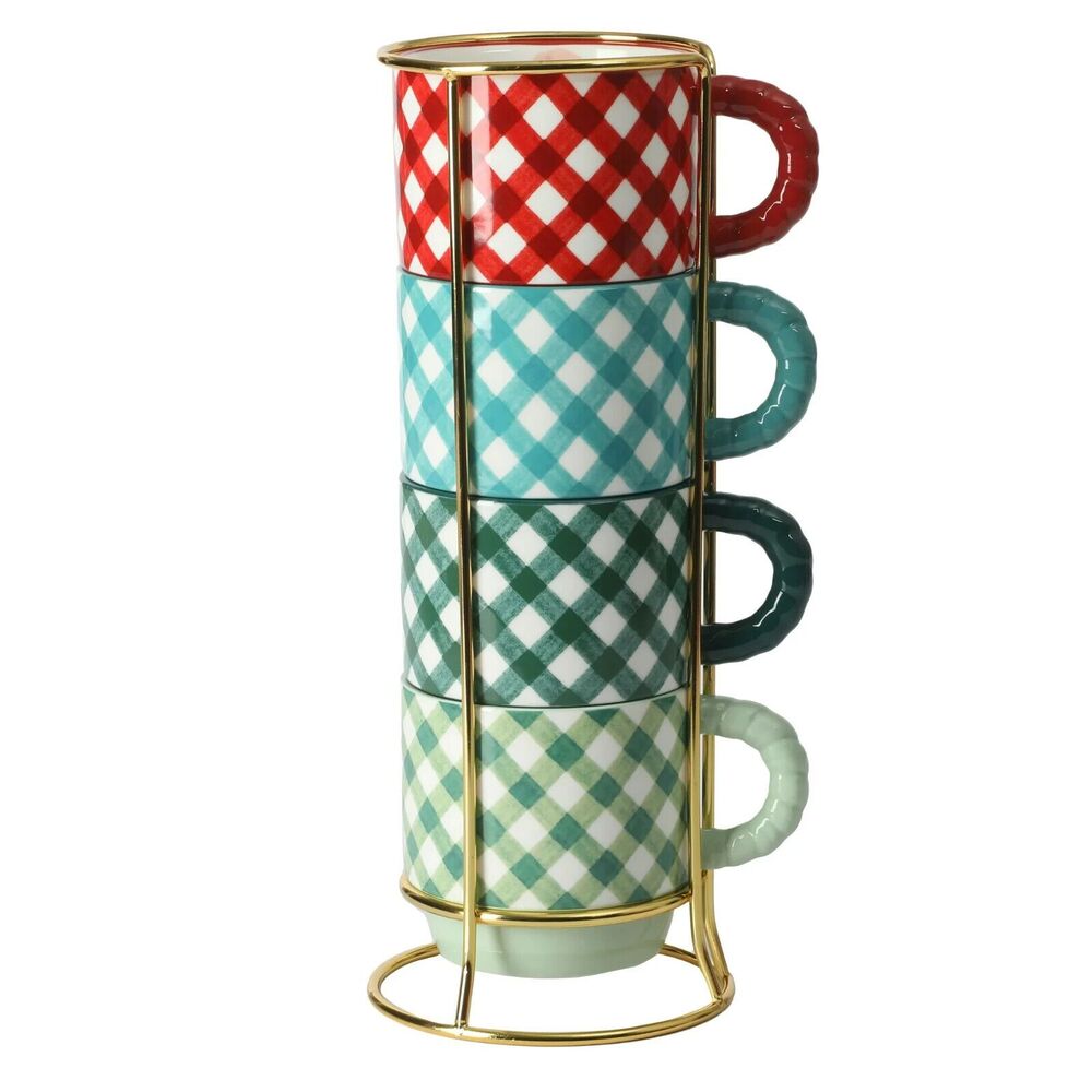 Pioneer Woman Merry Meadow Gingham 12.5oz Stoneware Stacking Mugs Rack 5Pcs New
